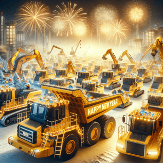 DALL·E 2024-01-03 08.31.10 - A festive New Years themed image dominated by a bright yellow color scheme. The scene includes multiple construction trucks of various types, such as