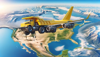 DALL·E 2024-02-04 21.20.02 - An imaginative scene of an airplane designed to resemble a yellow dump truck, flying high above North America. The hybrid vehicle combines the distinc